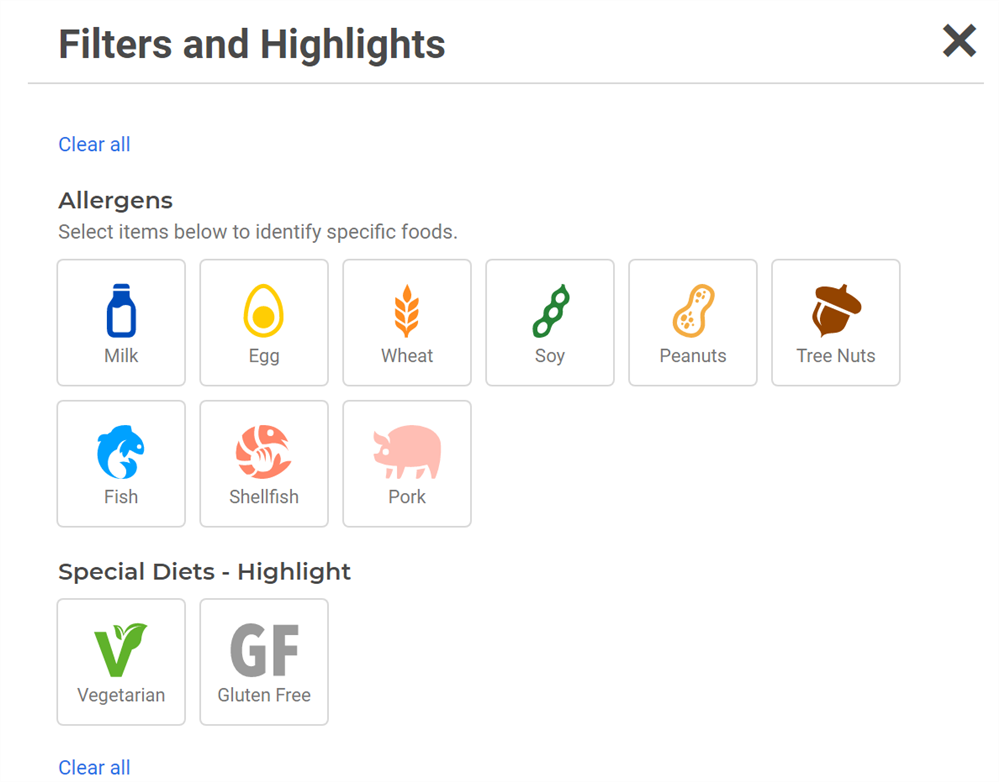 Shows Filters & Highlights available to view on the online menus.